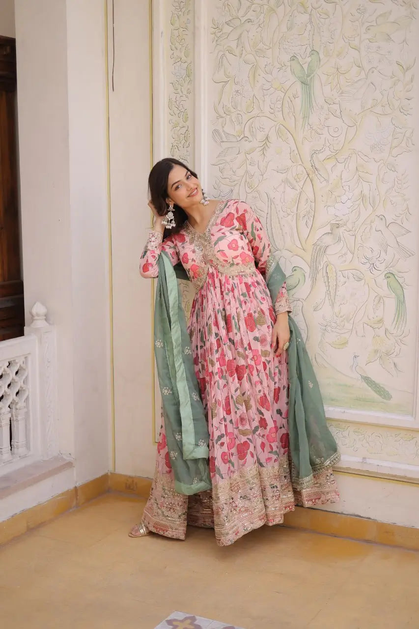 Printed Russian Silk Anarkali Gown with Embroidered Dupatta for Festive and Party Wear