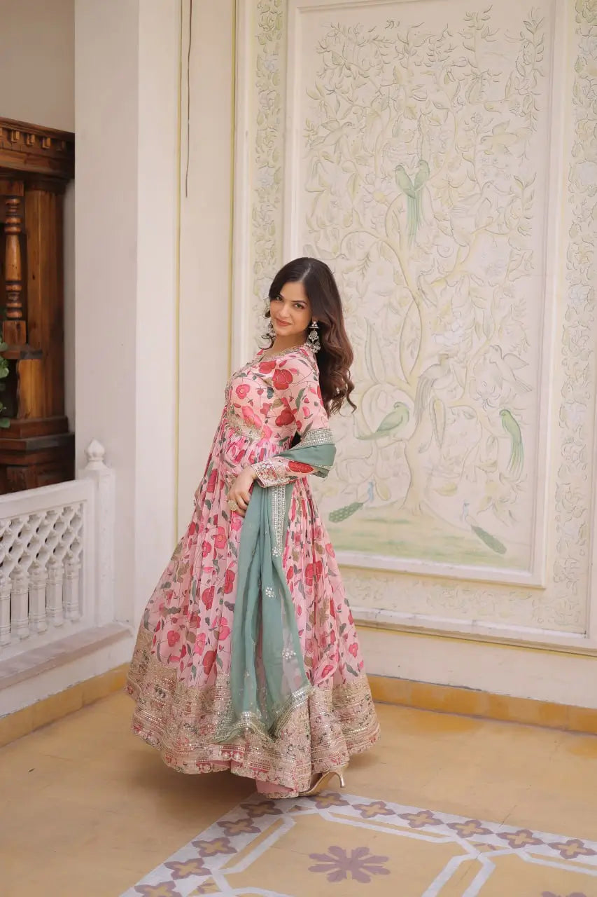 Printed Russian Silk Anarkali Gown with Embroidered Dupatta for Festive and Party Wear