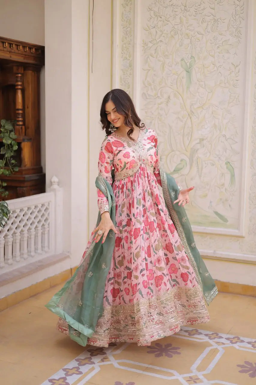 Printed Russian Silk Anarkali Gown with Embroidered Dupatta for Festive and Party Wear
