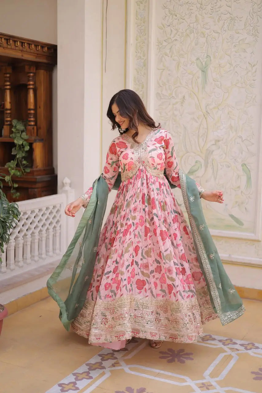 Printed Russian Silk Anarkali Gown with Embroidered Dupatta for Festive and Party Wear