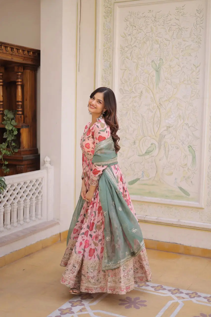 Printed Russian Silk Anarkali Gown with Embroidered Dupatta for Festive and Party Wear