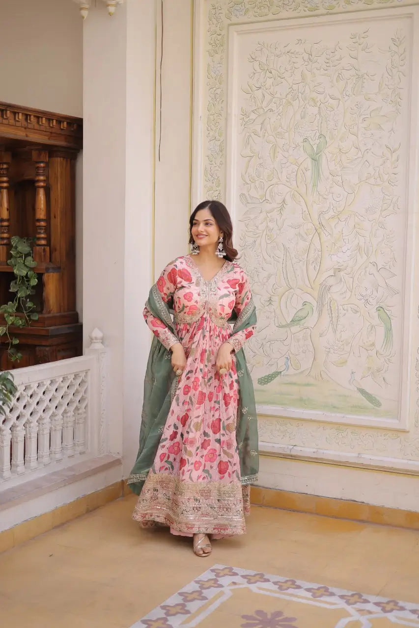 Printed Russian Silk Anarkali Gown with Embroidered Dupatta for Festive and Party Wear