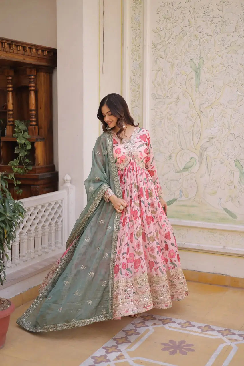 Printed Russian Silk Anarkali Gown with Embroidered Dupatta for Festive and Party Wear