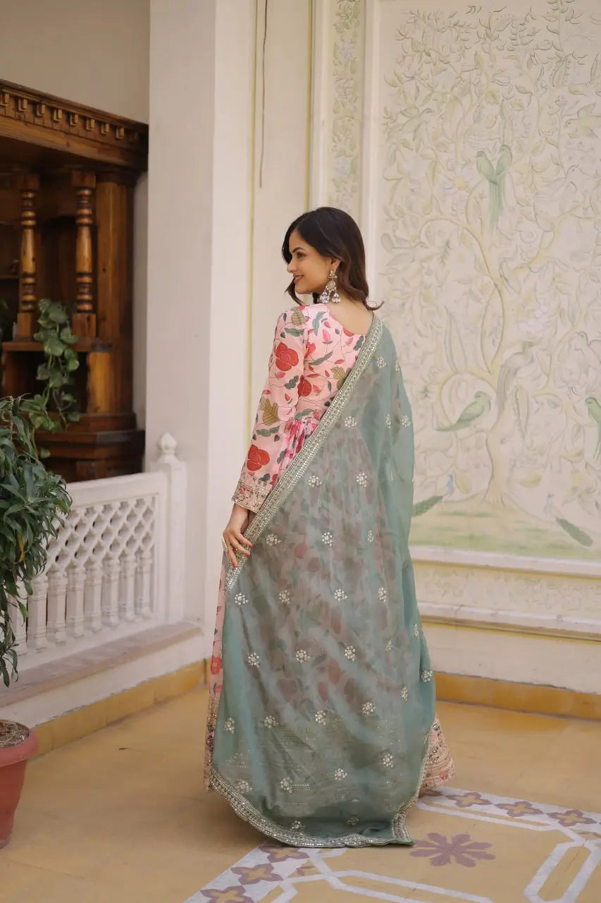 Printed Russian Silk Anarkali Gown with Embroidered Dupatta for Festive and Party Wear