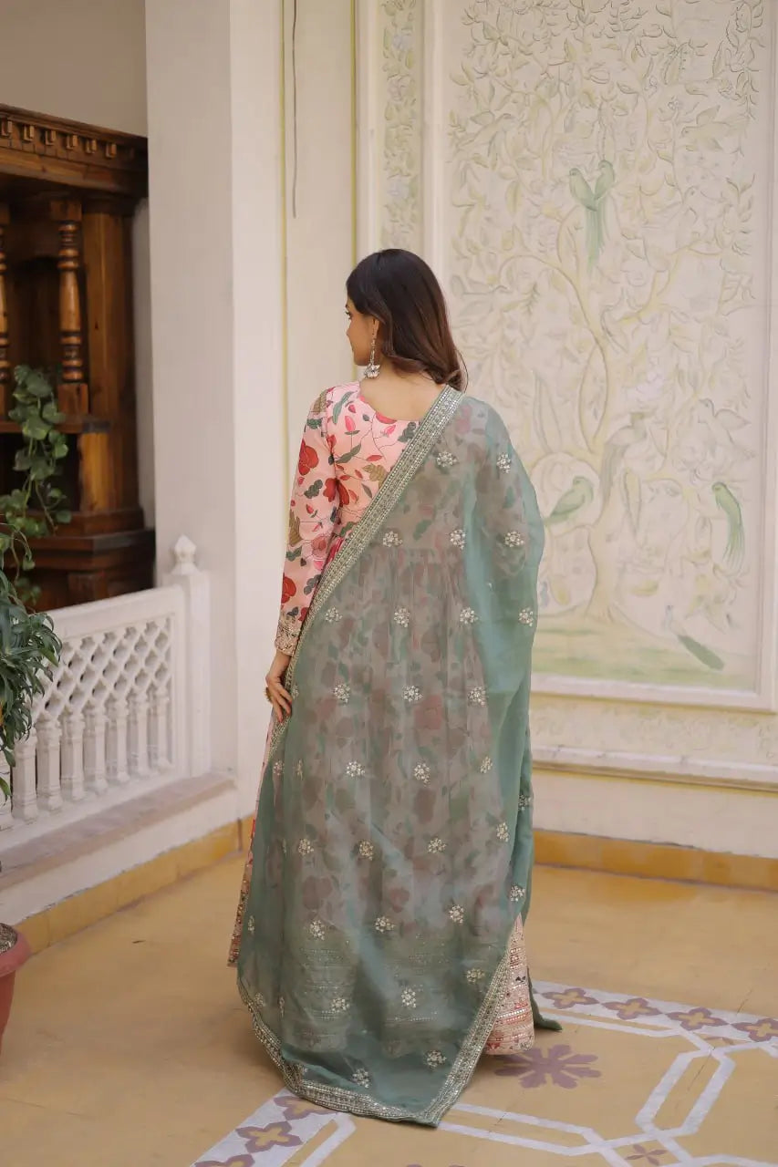 Printed Russian Silk Anarkali Gown with Embroidered Dupatta for Festive and Party Wear