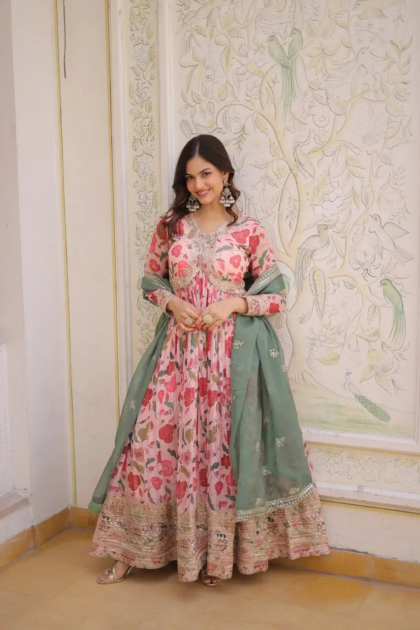 Printed Russian Silk Anarkali Gown with Embroidered Dupatta for Festive and Party Wear
