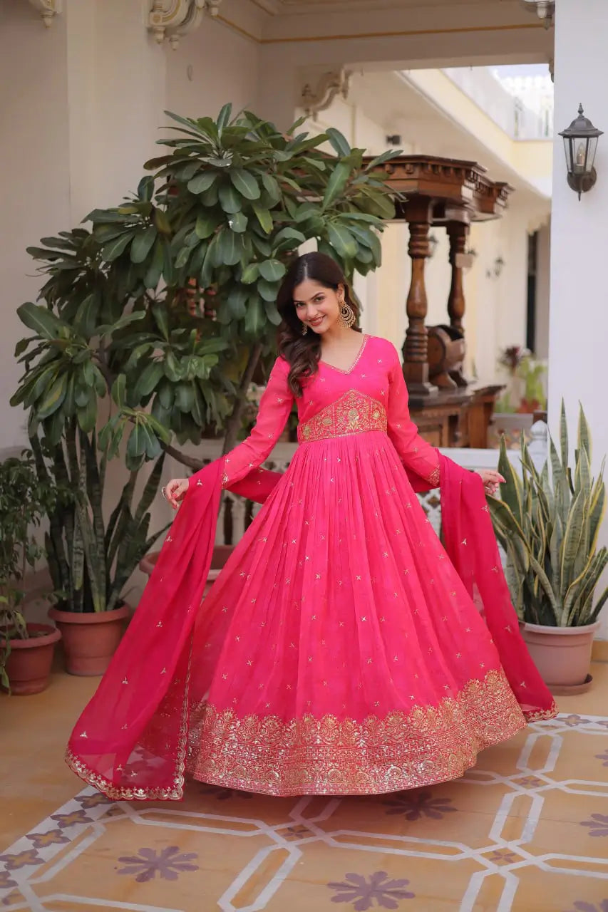 Printed Russian Silk Anarkali Gown with Embroidered Dupatta for Festive and Party Wear
