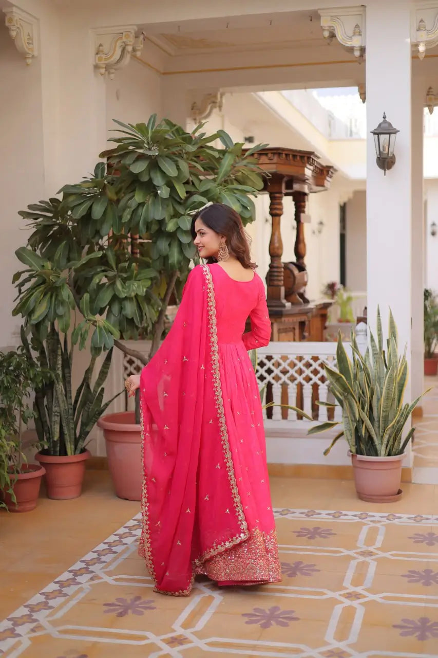 Printed Russian Silk Anarkali Gown with Embroidered Dupatta for Festive and Party Wear