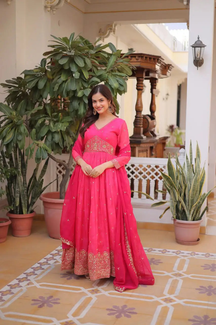 Printed Russian Silk Anarkali Gown with Embroidered Dupatta for Festive and Party Wear