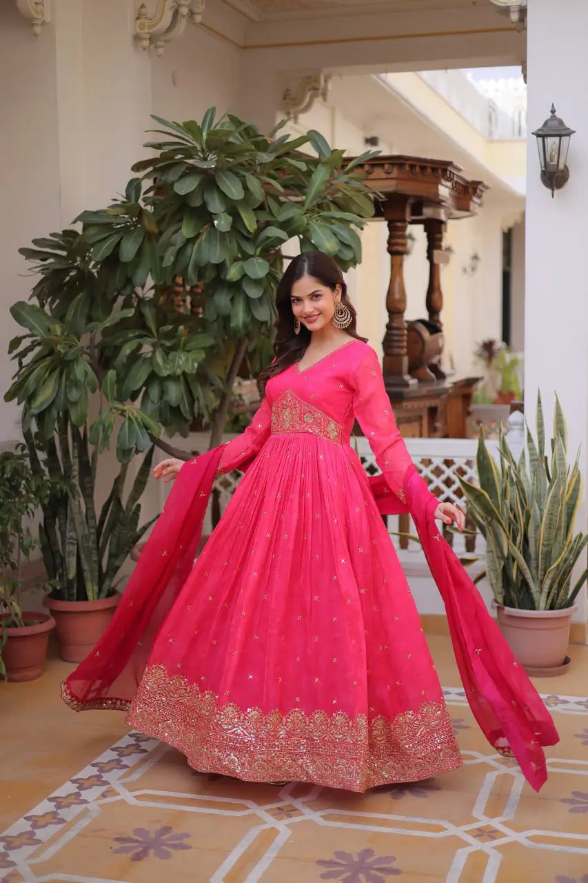 Printed Russian Silk Anarkali Gown with Embroidered Dupatta for Festive and Party Wear