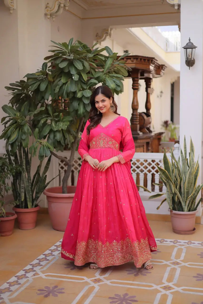 Printed Russian Silk Anarkali Gown with Embroidered Dupatta for Festive and Party Wear