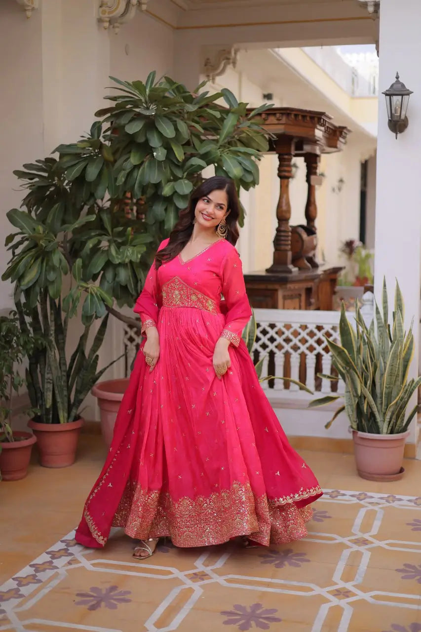 Printed Russian Silk Anarkali Gown with Embroidered Dupatta for Festive and Party Wear