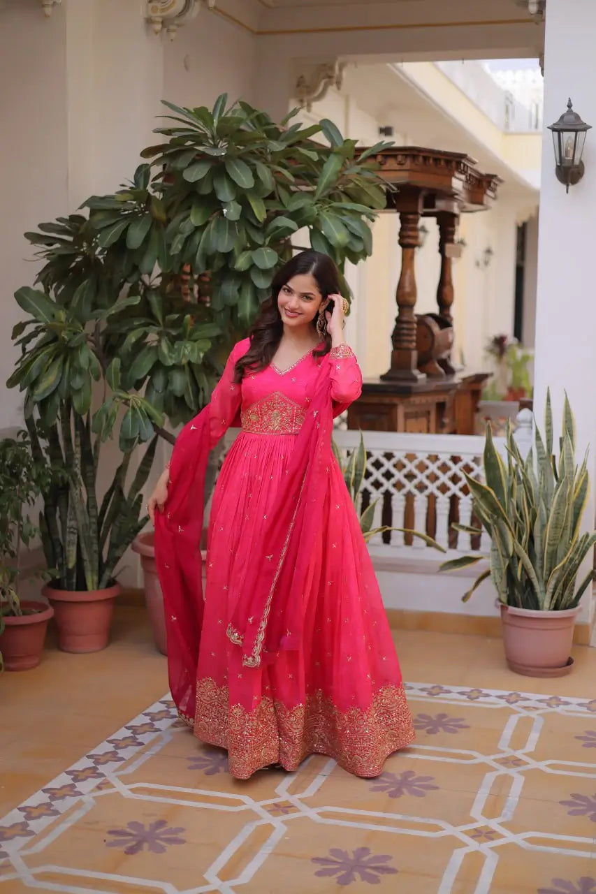 Printed Russian Silk Anarkali Gown with Embroidered Dupatta for Festive and Party Wear