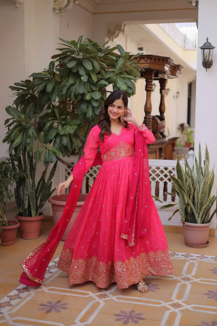 Printed Russian Silk Anarkali Gown with Embroidered Dupatta for Festive and Party Wear