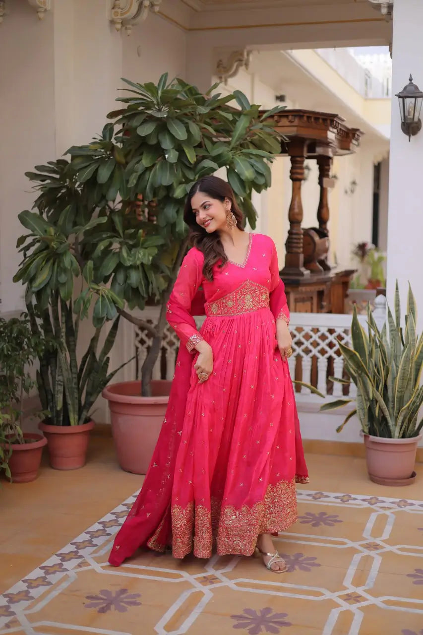 Printed Russian Silk Anarkali Gown with Embroidered Dupatta for Festive and Party Wear