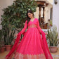 Printed Russian Silk Anarkali Gown with Embroidered Dupatta for Festive and Party Wear