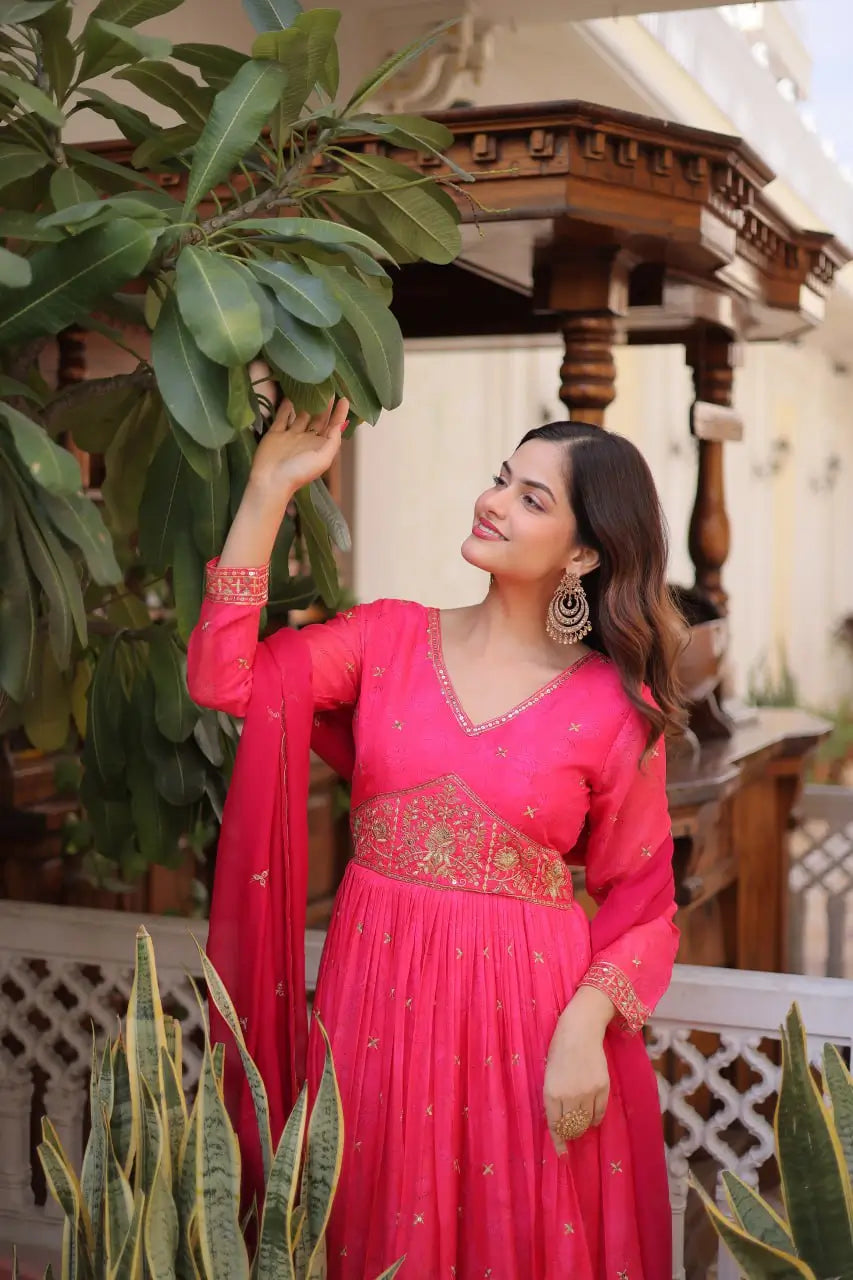 Printed Russian Silk Anarkali Gown with Embroidered Dupatta for Festive and Party Wear