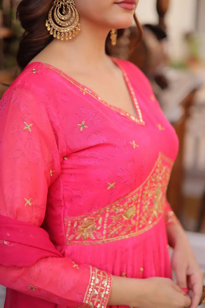 Printed Russian Silk Anarkali Gown with Embroidered Dupatta for Festive and Party Wear