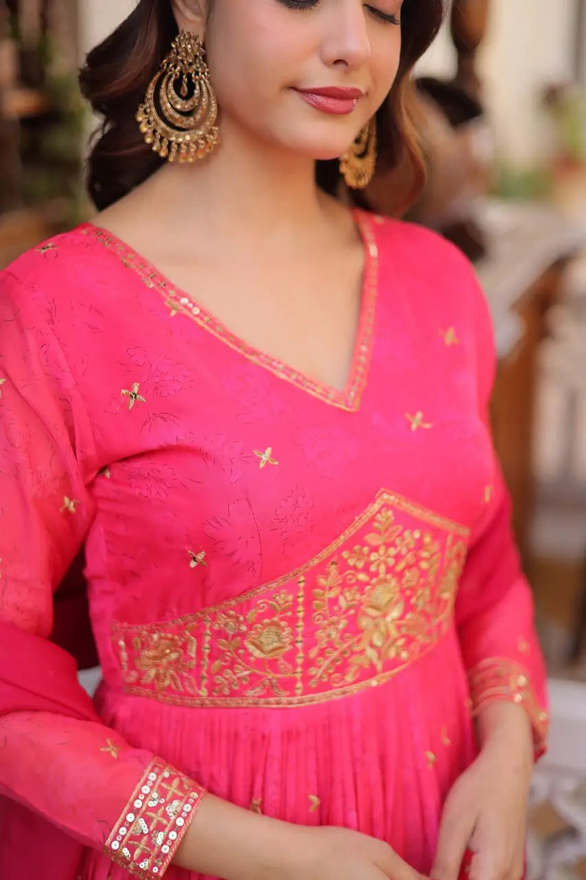Printed Russian Silk Anarkali Gown with Embroidered Dupatta for Festive and Party Wear