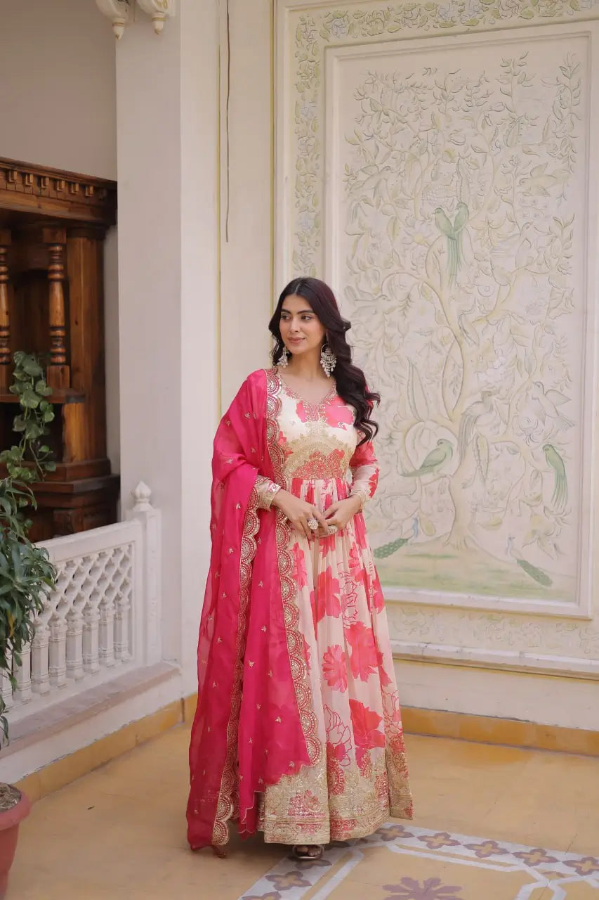 Printed Russian Silk Anarkali Gown with Embroidered Dupatta for Festive and Party Wear