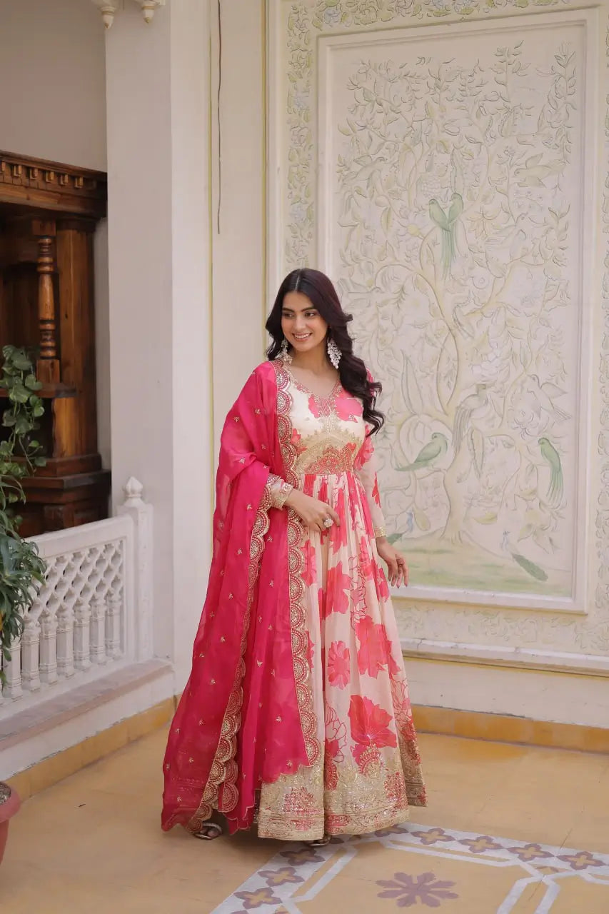 Printed Russian Silk Anarkali Gown with Embroidered Dupatta for Festive and Party Wear