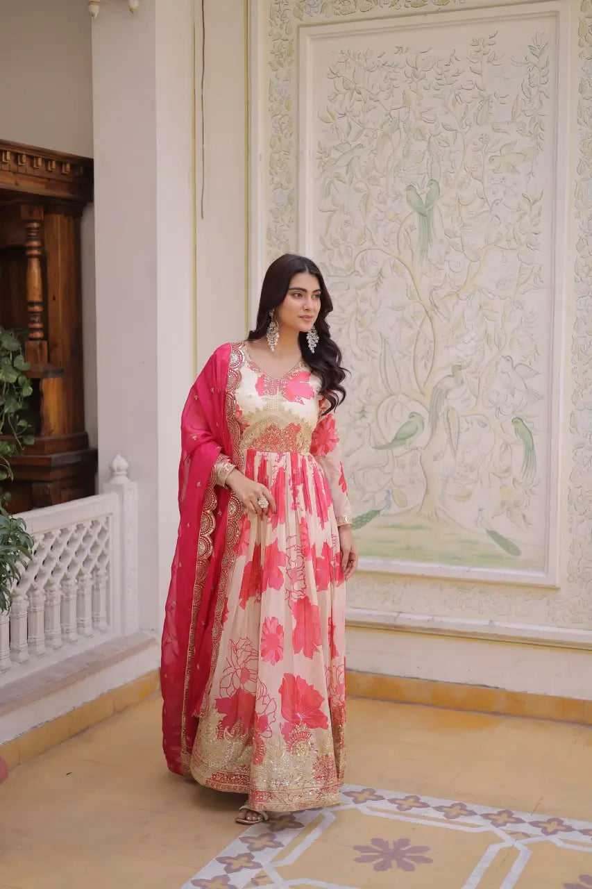 Printed Russian Silk Anarkali Gown with Embroidered Dupatta for Festive and Party Wear