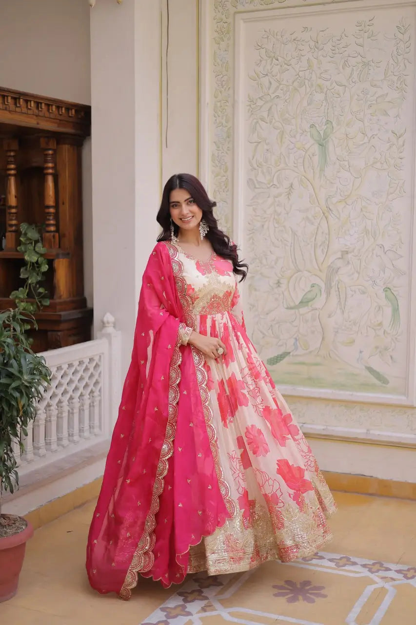 Printed Russian Silk Anarkali Gown with Embroidered Dupatta for Festive and Party Wear