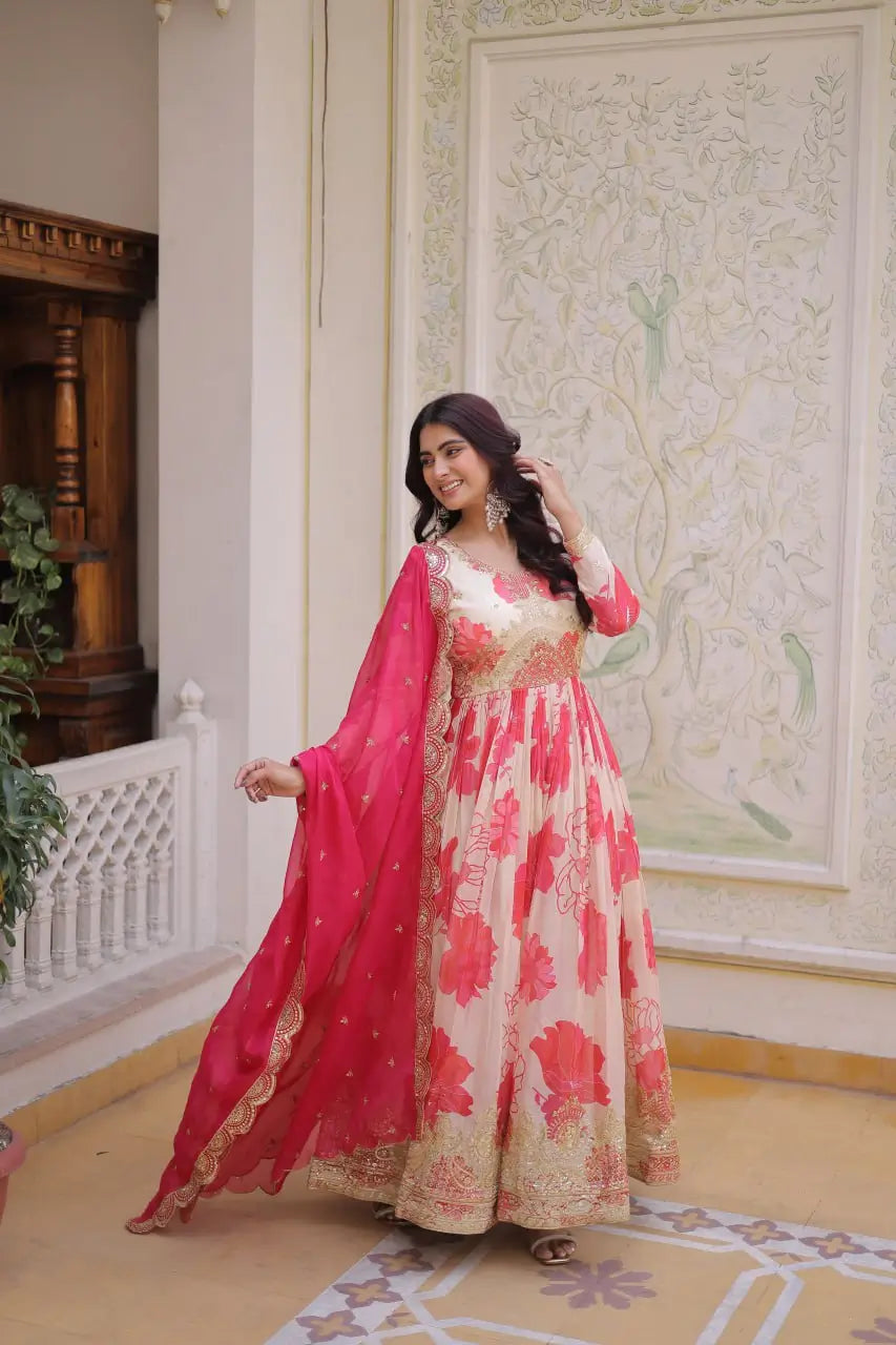 Printed Russian Silk Anarkali Gown with Embroidered Dupatta for Festive and Party Wear