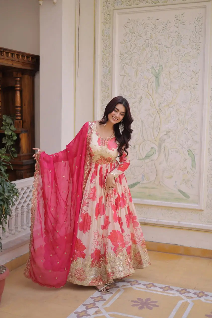 Printed Russian Silk Anarkali Gown with Embroidered Dupatta for Festive and Party Wear