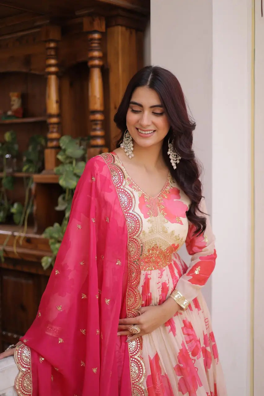 Printed Russian Silk Anarkali Gown with Embroidered Dupatta for Festive and Party Wear