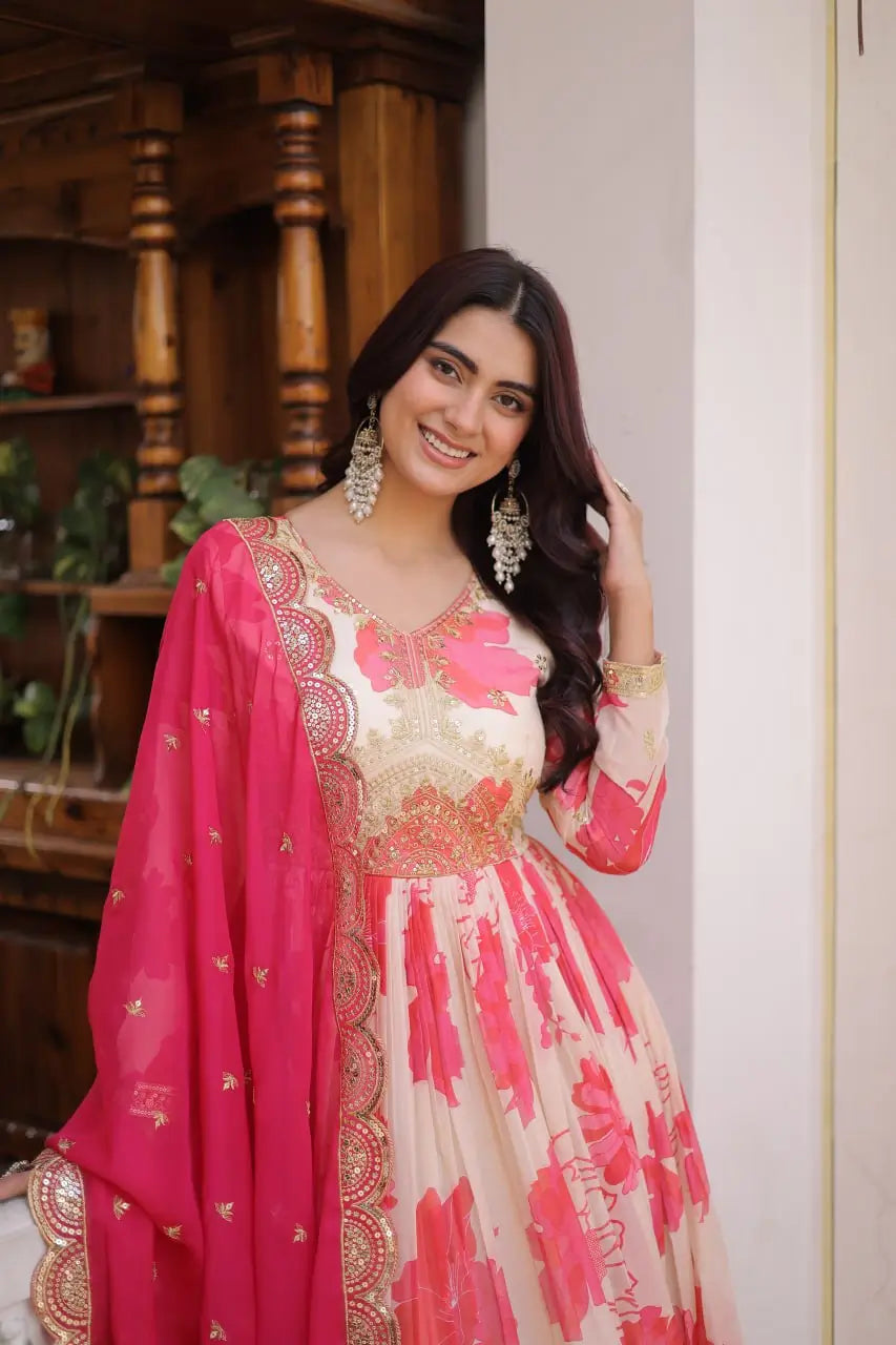 Printed Russian Silk Anarkali Gown with Embroidered Dupatta for Festive and Party Wear