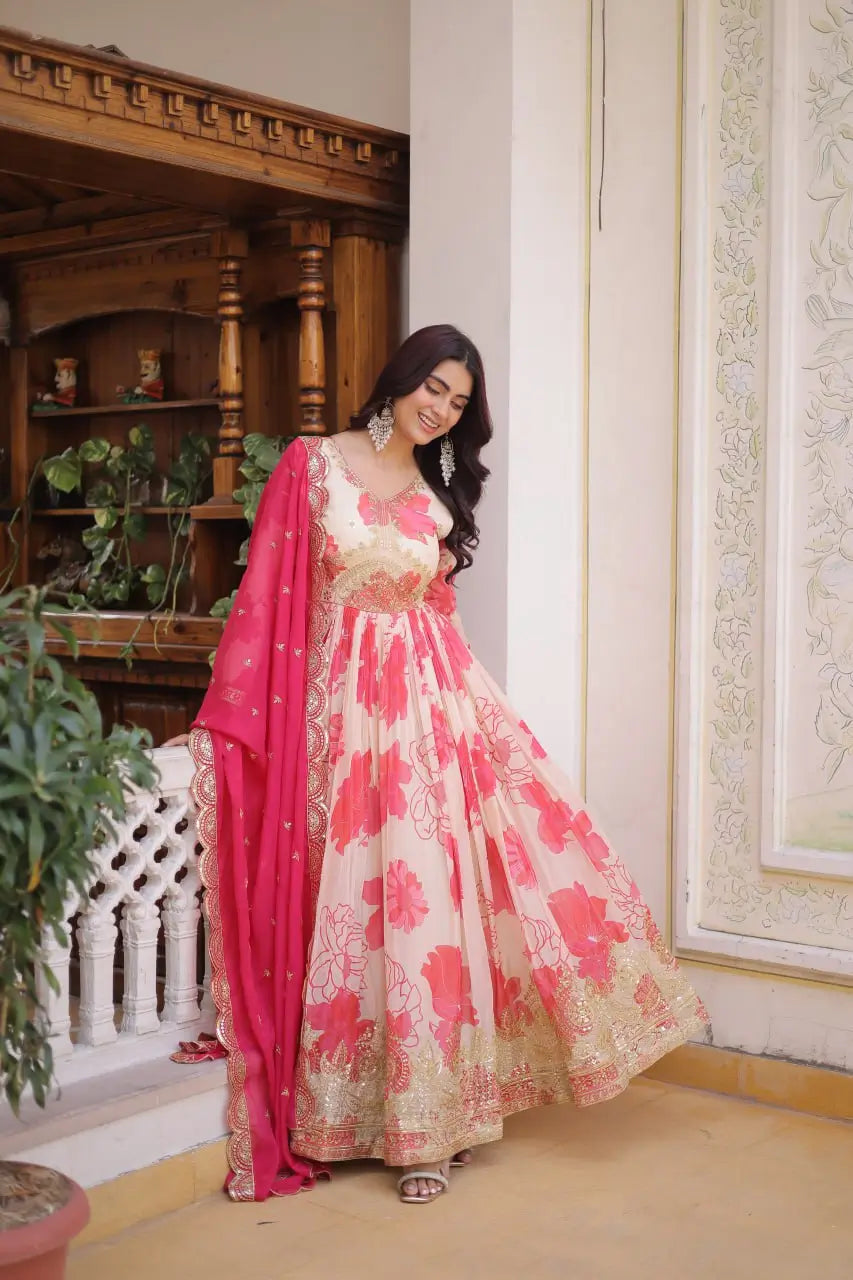Printed Russian Silk Anarkali Gown with Embroidered Dupatta for Festive and Party Wear