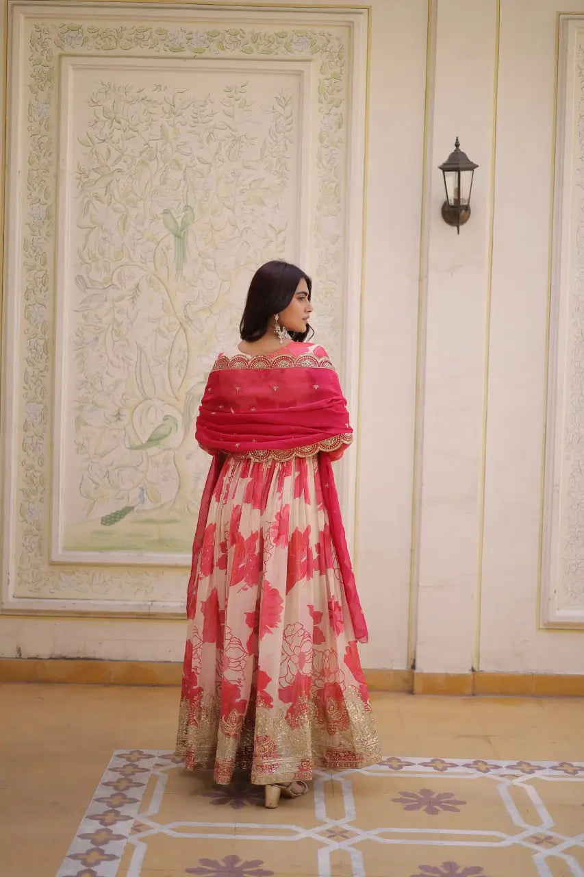 Printed Russian Silk Anarkali Gown with Embroidered Dupatta for Festive and Party Wear