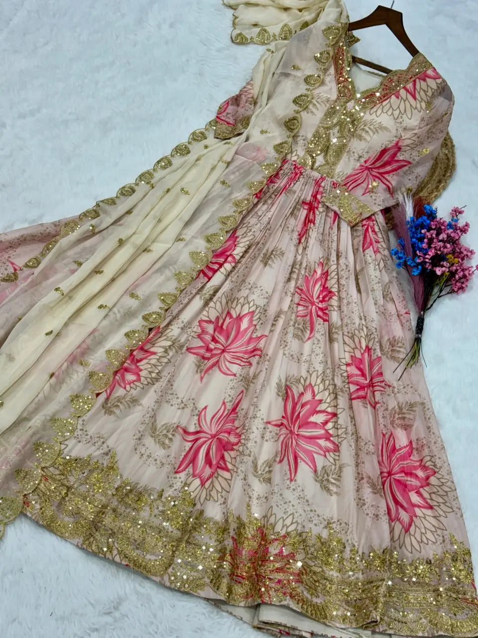 Printed Russian Silk Anarkali Gown with Embroidered Dupatta for Festive and Party Wear