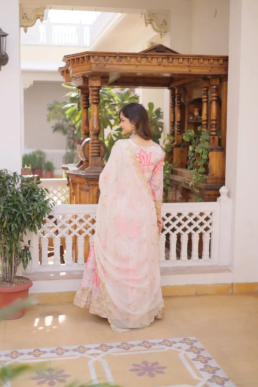 Printed Russian Silk Anarkali Gown with Embroidered Dupatta for Festive and Party Wear