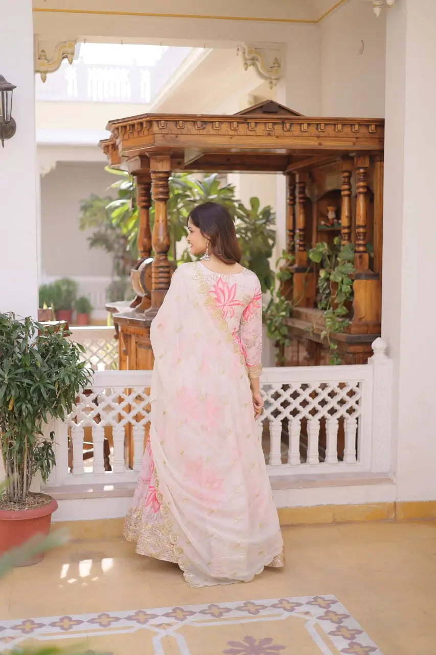 Printed Russian Silk Anarkali Gown with Embroidered Dupatta for Festive and Party Wear