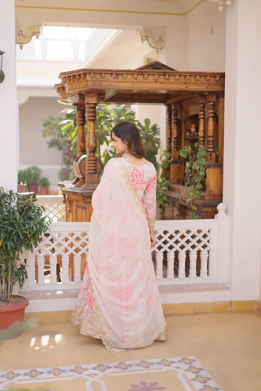 Printed Russian Silk Anarkali Gown with Embroidered Dupatta for Festive and Party Wear