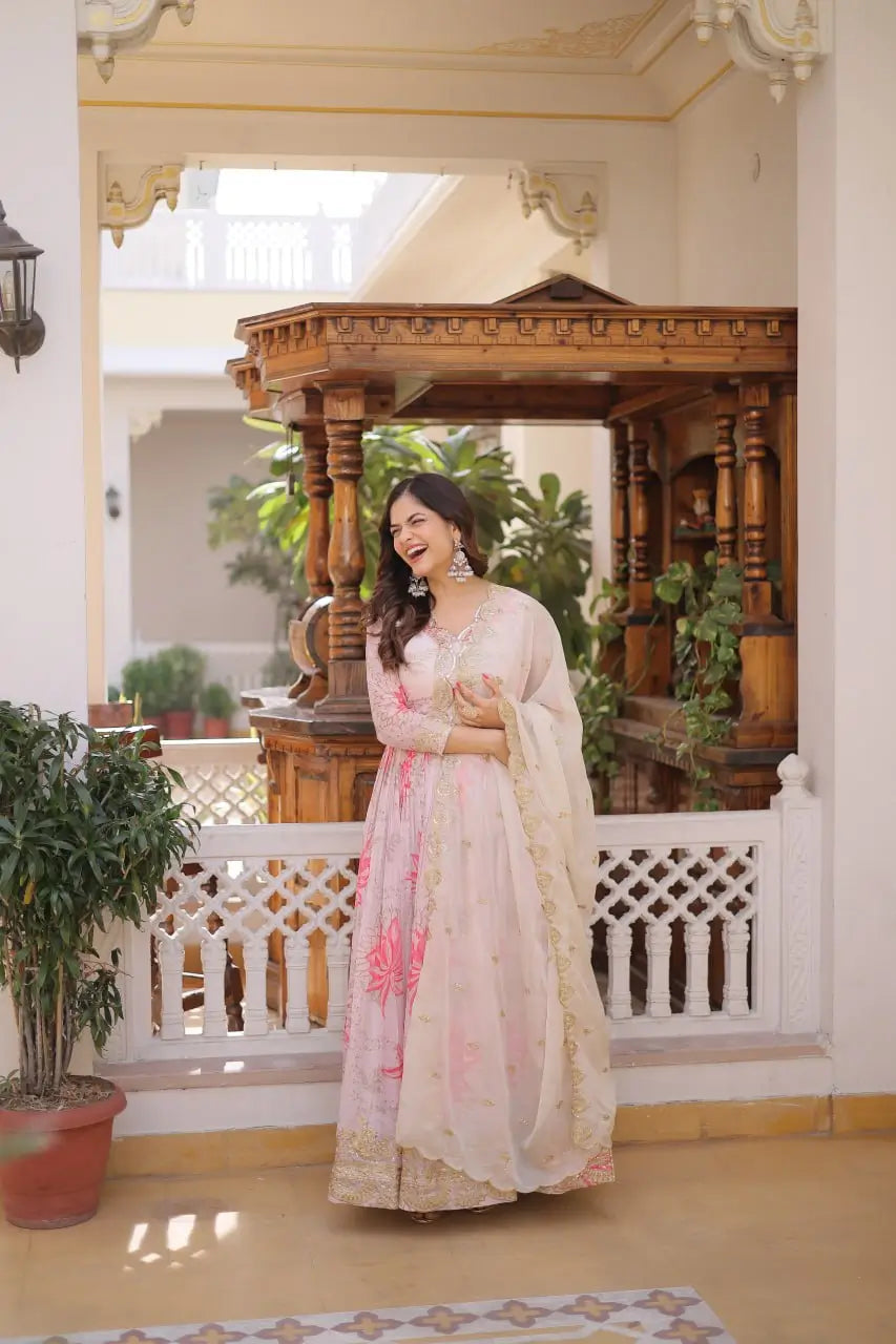 Printed Russian Silk Anarkali Gown with Embroidered Dupatta for Festive and Party Wear