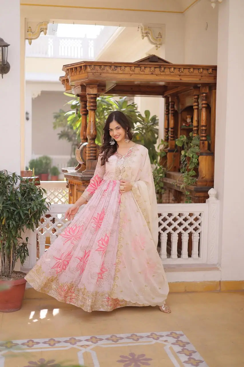 Printed Russian Silk Anarkali Gown with Embroidered Dupatta for Festive and Party Wear