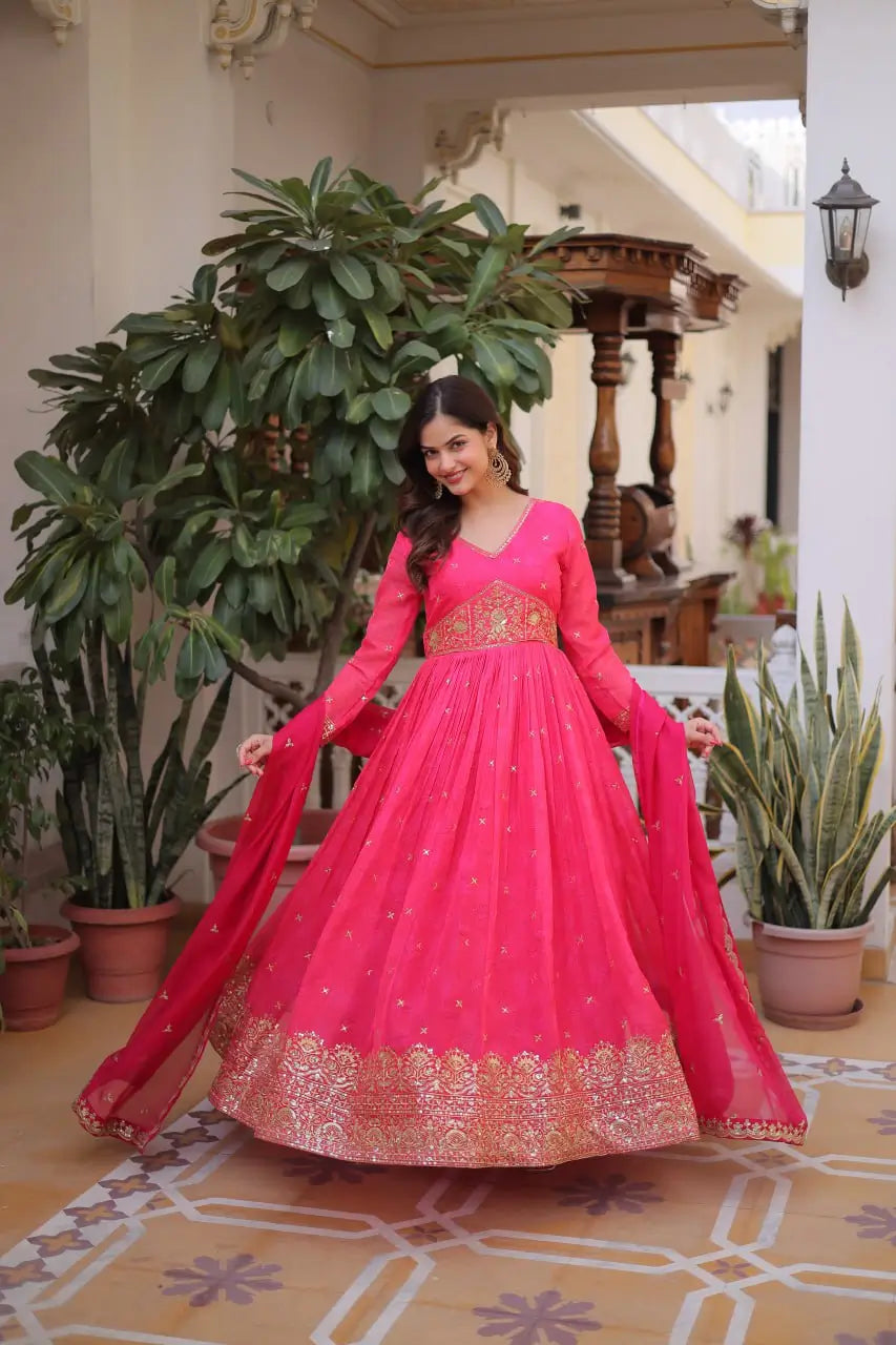 Printed Russian Silk Anarkali Gown with Embroidered Dupatta for Festive and Party Wear
