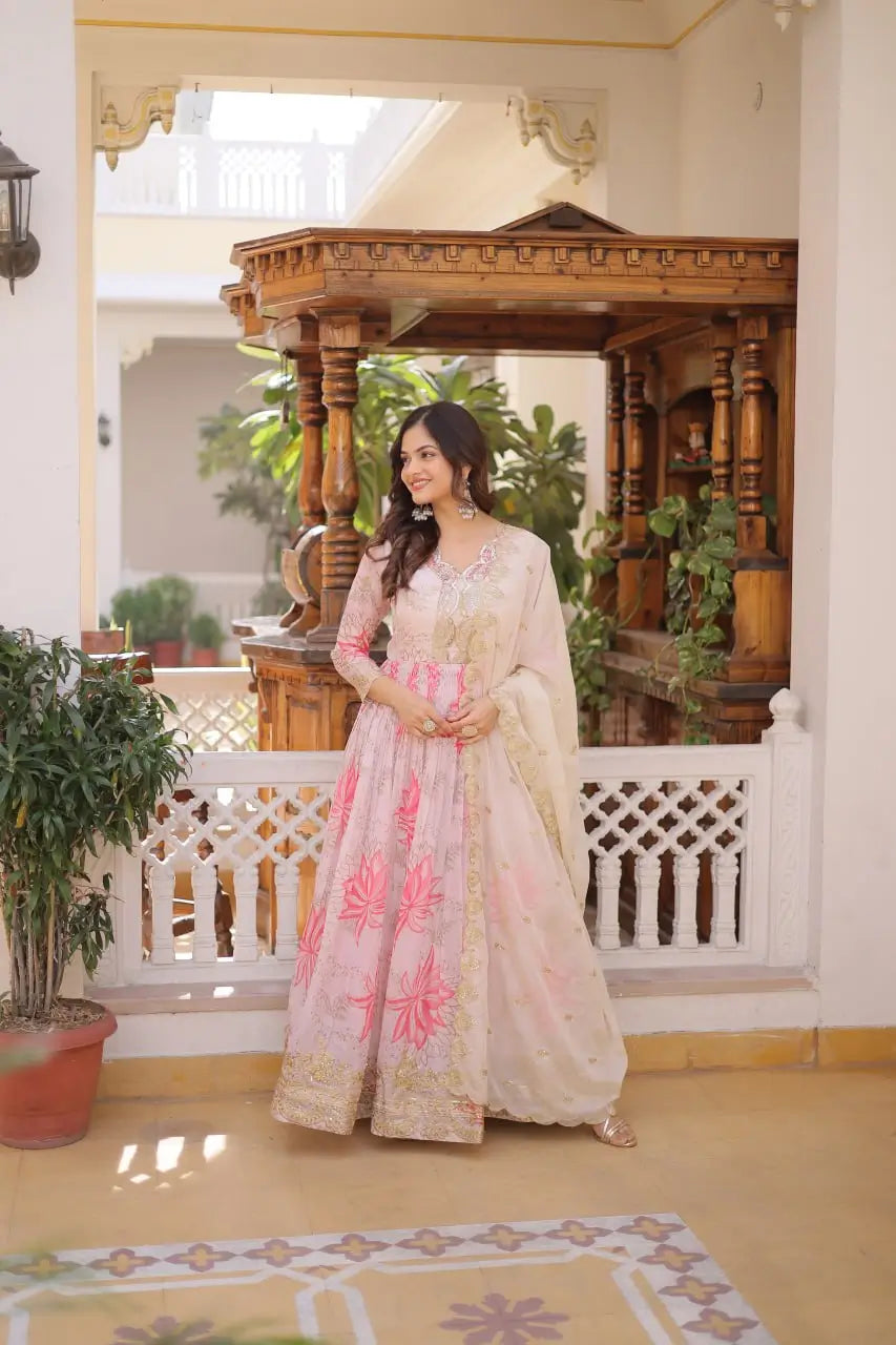 Printed Russian Silk Anarkali Gown with Embroidered Dupatta for Festive and Party Wear