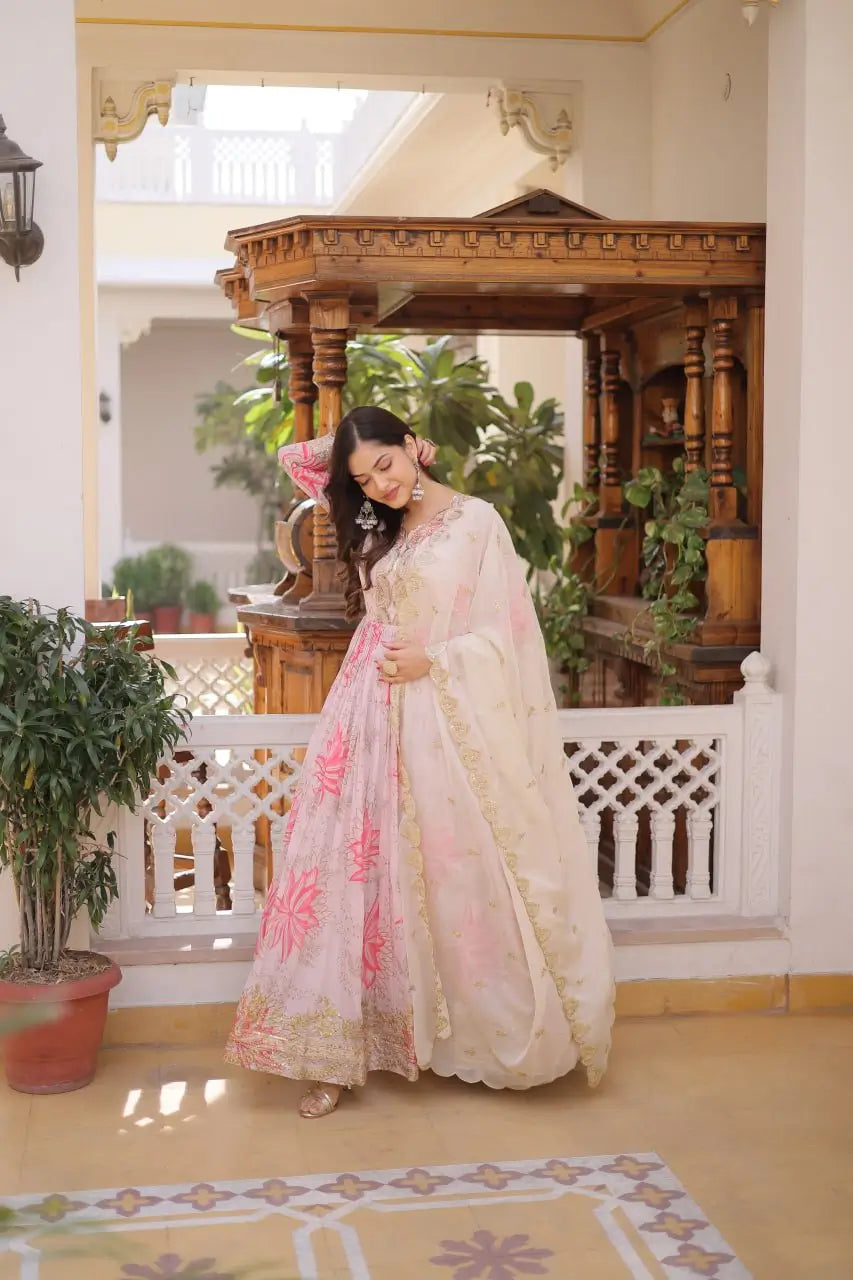 Printed Russian Silk Anarkali Gown with Embroidered Dupatta for Festive and Party Wear