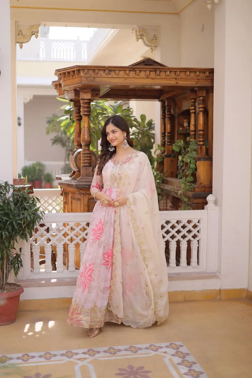 Printed Russian Silk Anarkali Gown with Embroidered Dupatta for Festive and Party Wear