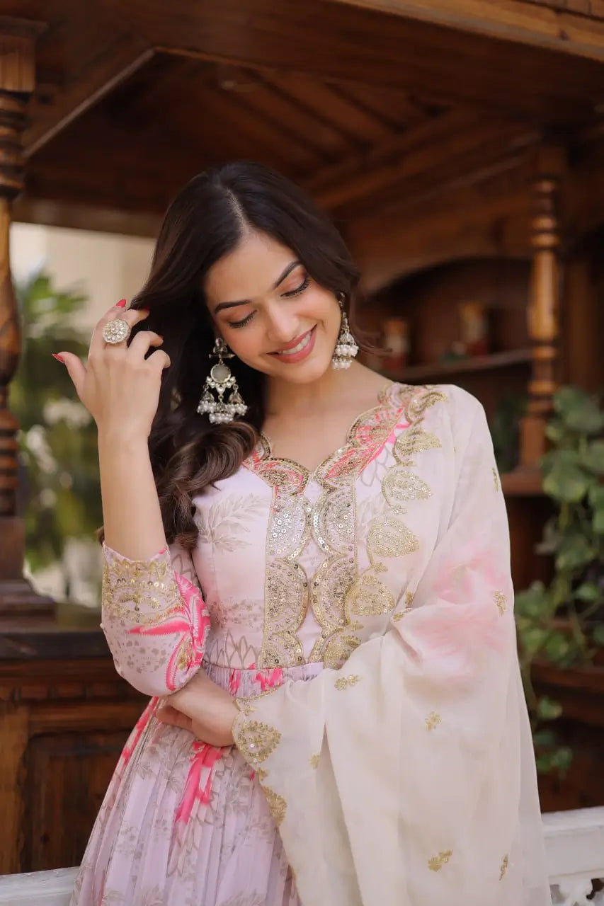 Printed Russian Silk Anarkali Gown with Embroidered Dupatta for Festive and Party Wear