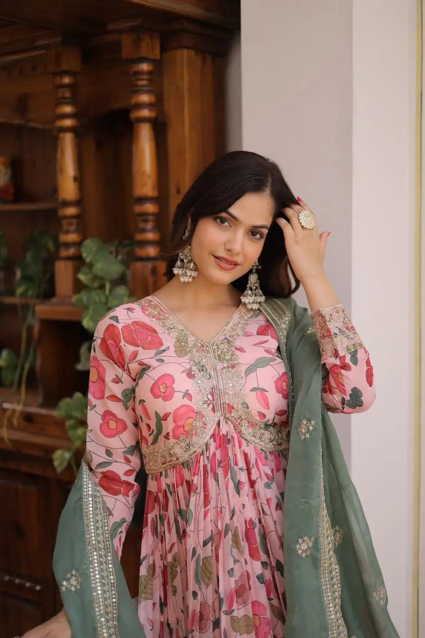Printed Russian Silk Anarkali Gown with Embroidered Dupatta for Festive and Party Wear