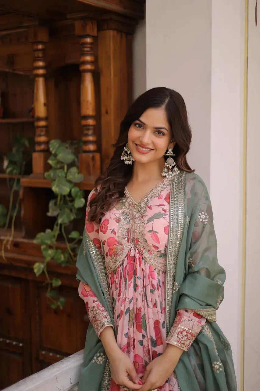 Printed Russian Silk Anarkali Gown with Embroidered Dupatta for Festive and Party Wear