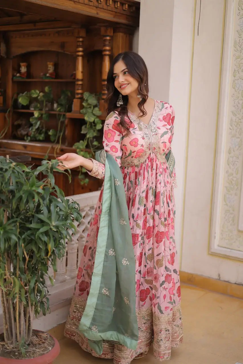 Printed Russian Silk Anarkali Gown with Embroidered Dupatta for Festive and Party Wear
