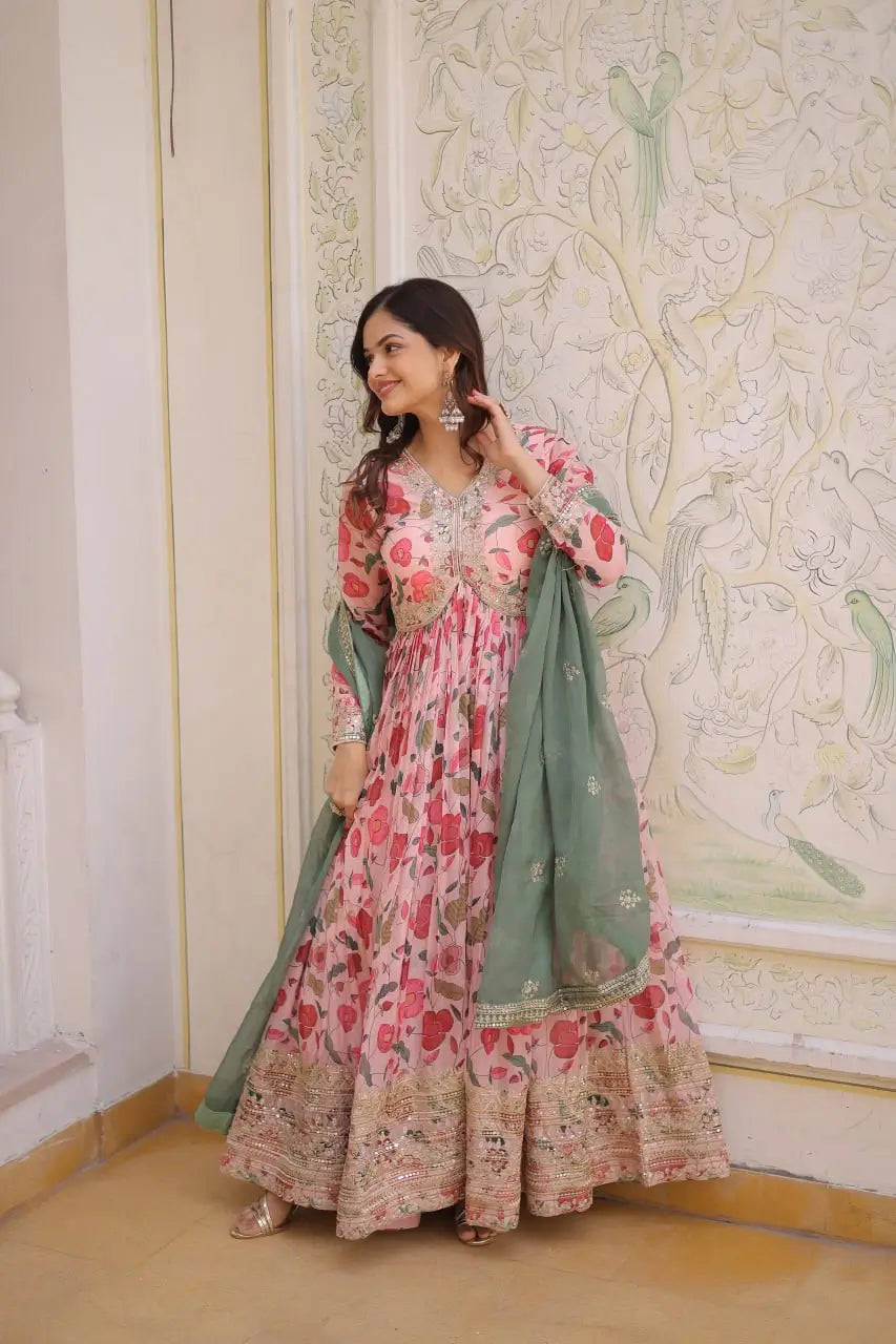 Printed Russian Silk Anarkali Gown with Embroidered Dupatta for Festive and Party Wear