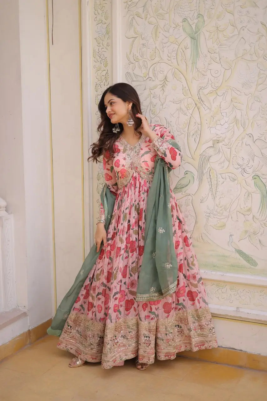 Printed Russian Silk Anarkali Gown with Embroidered Dupatta for Festive and Party Wear