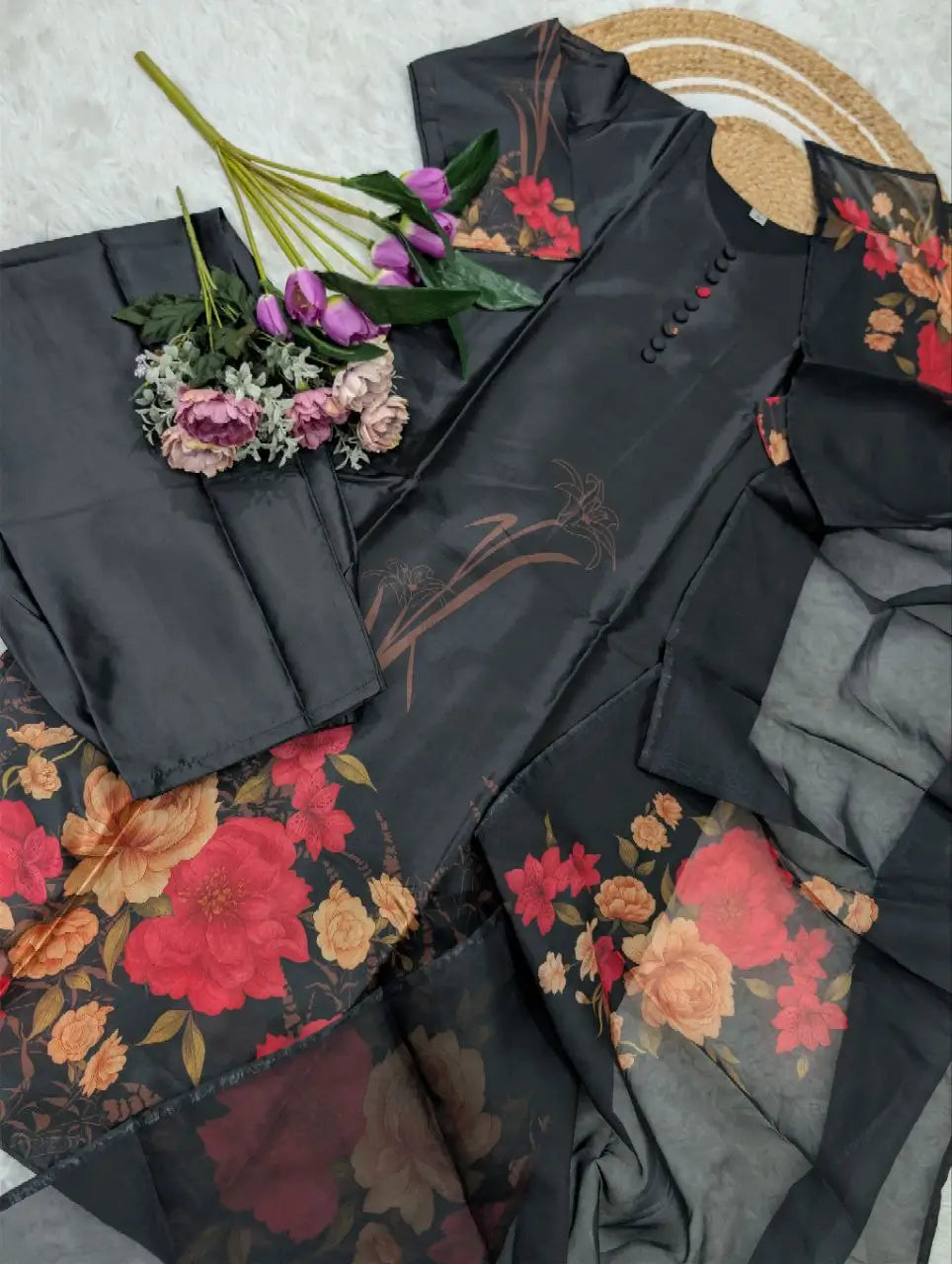 Pure Assam Silk Printed Kurta Set with Organza Dupatta